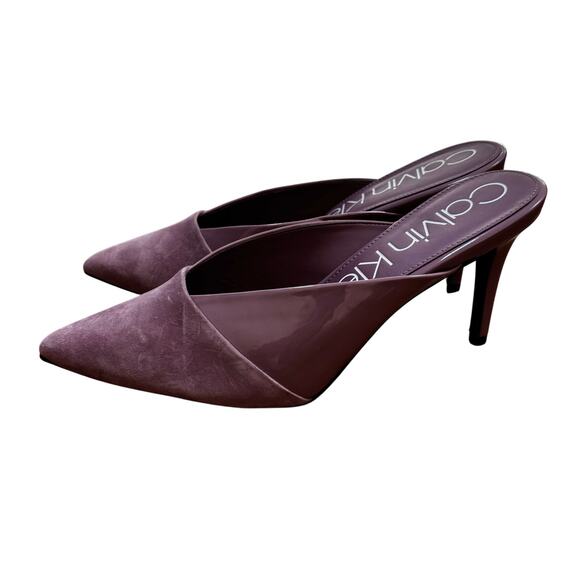 Calvin Klein "Gosha" purple lavender suede & patent leather high heel mules 10M - Picture 12 of 13